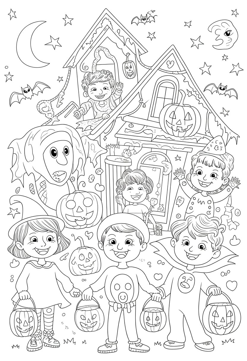 Halloween Coloring Pages Cute Collection of 20 Fun and Easy Designs 38 A group of happy children in Halloween costumes holding candy buckets in front of a decorated house with pumpkins, cobwebs, and bats under a crescent moon.